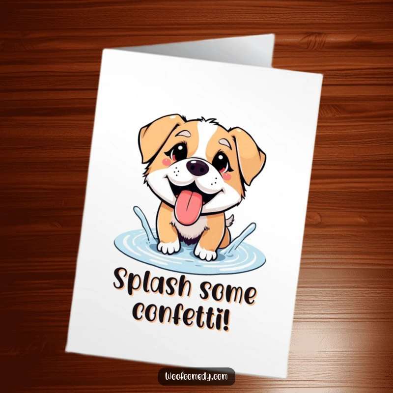 Funny Free Printable congratulations card: A joyful dog with tongue out, happily splashing water in a small puddle.