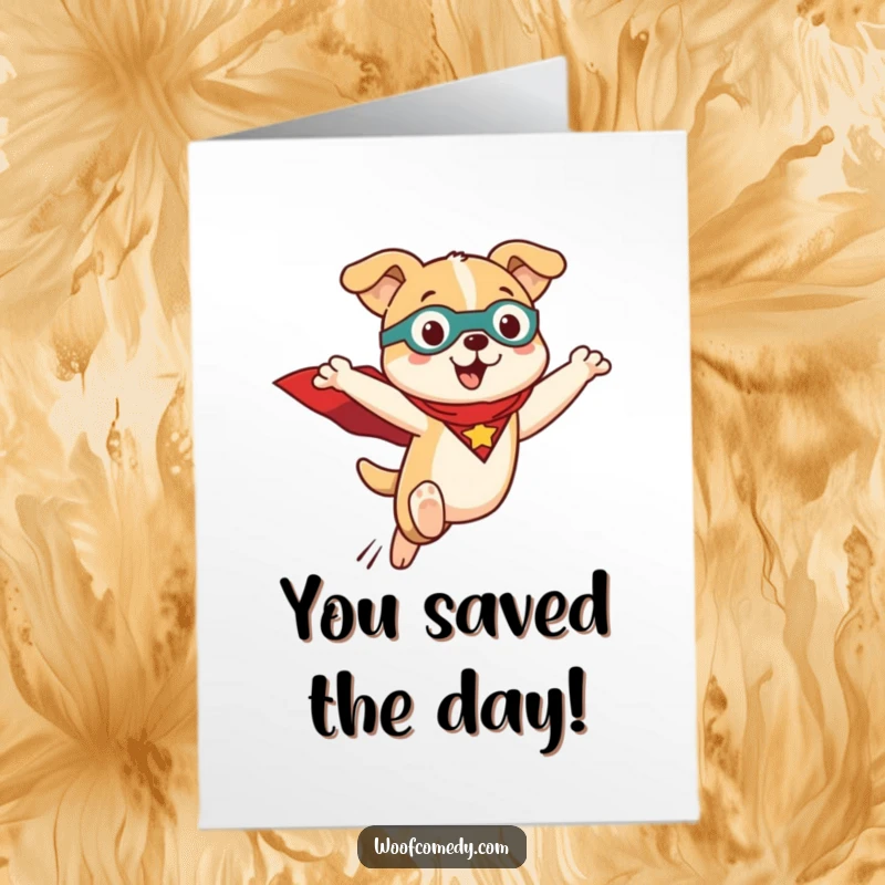 Funny Free Printable congratulations card of a Kawaii dog in a superhero cape, leaping heroically to celebrate a fantastic accomplishment.