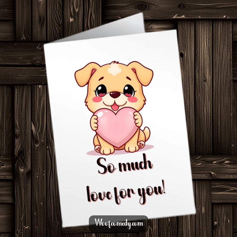 Funny Free Printable congratulations card: A loyal dog with a loving expression presents a large, luminous, glowing heart.