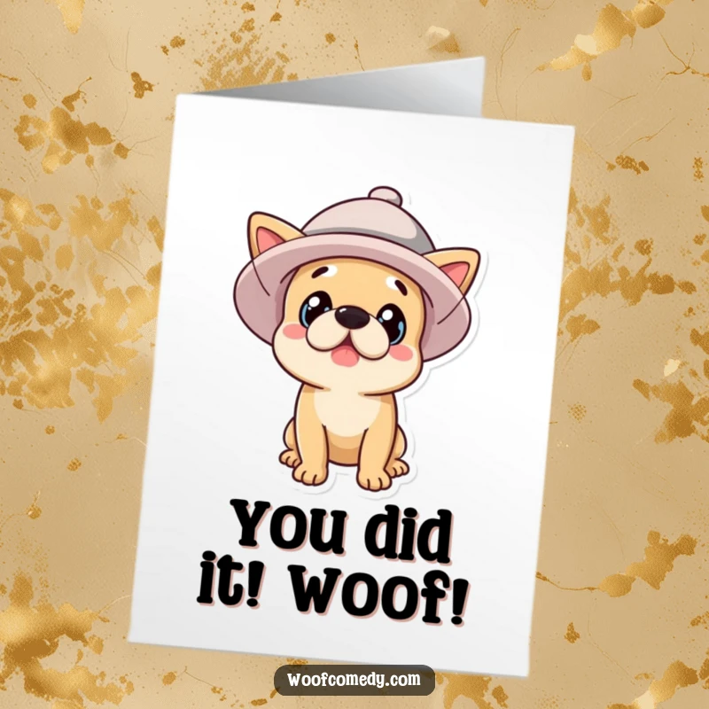 Funny Free Printable congratulations card: A surprised dog sporting a ridiculously oversized, jaunty hat, conveying shock and delight.