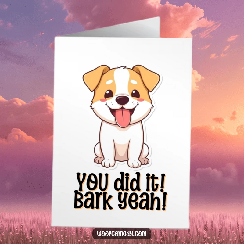 Funny Free Printable Congratulations Card: Joyful dog panting happily, celebrating a wonderful accomplishment.