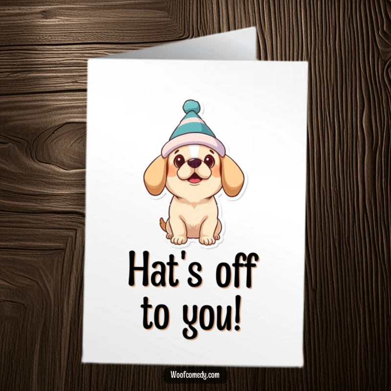 Funny Free Printable Congratulations Card: Dog in a silly hat looking up expectantly, celebrating a win.