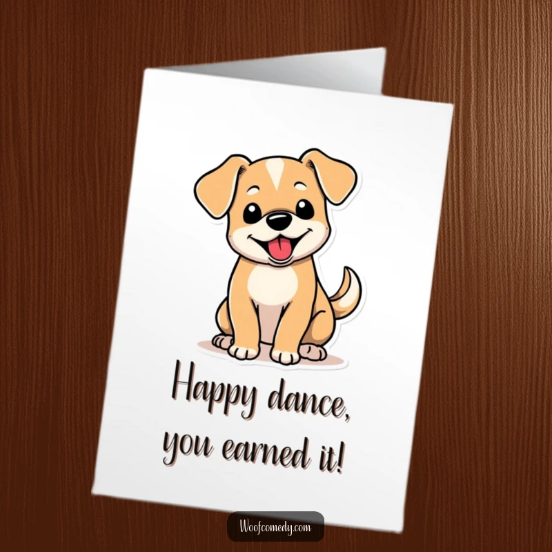 Funny free printable congratulations card featuring a cute dog with floppy ears, its tail wagging with pure joy.