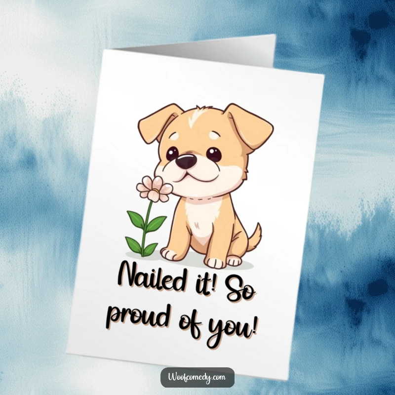 Funny Free Printable Congratulations Card: A curious dog with a tilted head, sniffing a flower, celebrating your success delightfully.