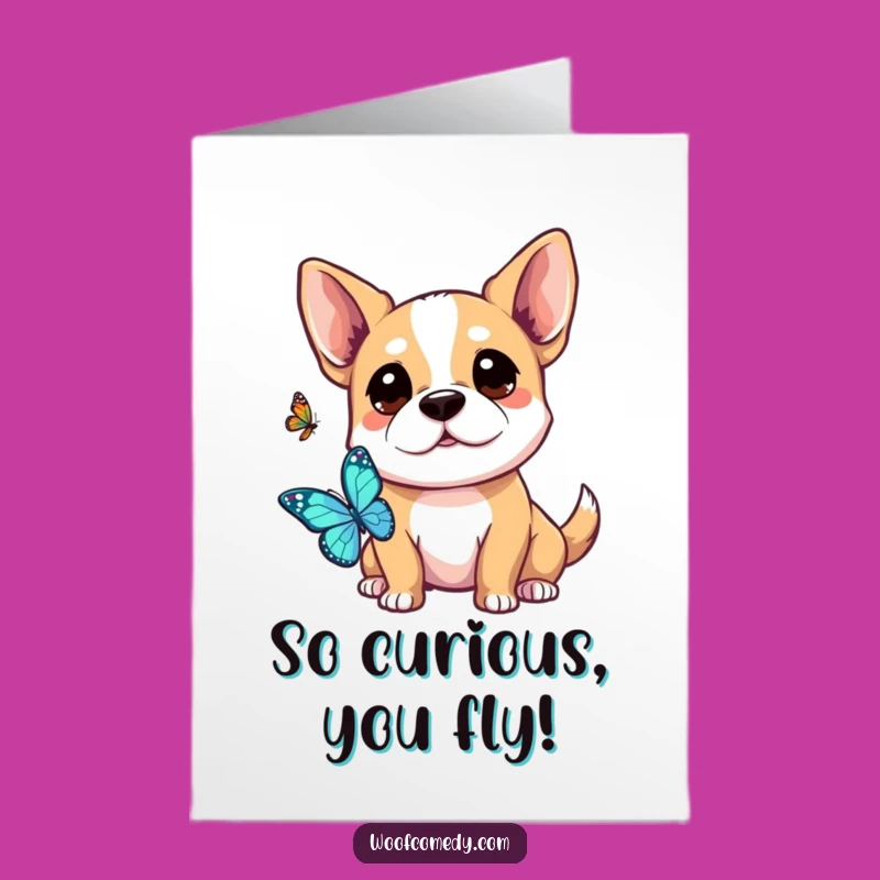 Free Printable Congrats Card: Curious Kawaii Dog Meets Butterfly - Whimsical Downloadable Gift