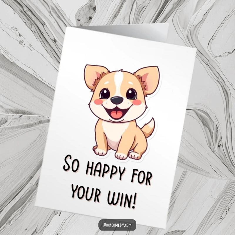 Funny Free Printable Congratulations Card: Wagging dog with perked ears, full of excitement for good news, a downloadable gift.