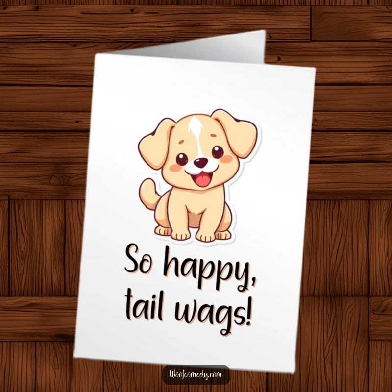 Funny free printable congratulations card featuring a kawaii dog with droopy ears, wagging its tail uncontrollably with pure delight.