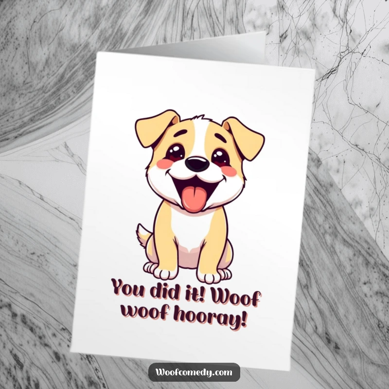 Funny Free Printable Congratulations Card: Excited dog panting with tongue out, celebrating your amazing success with pure joy.