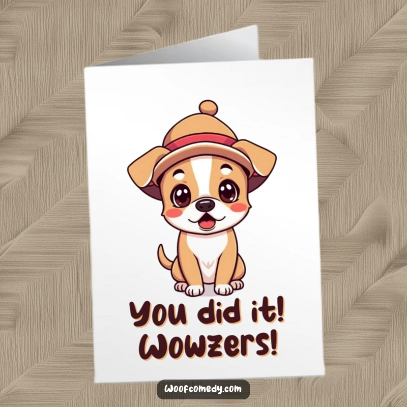 Funny Free Printable Congratulations Card: A kawaii dog in a goofy hat, eyes wide with surprise, perfect for celebrating achievements.
