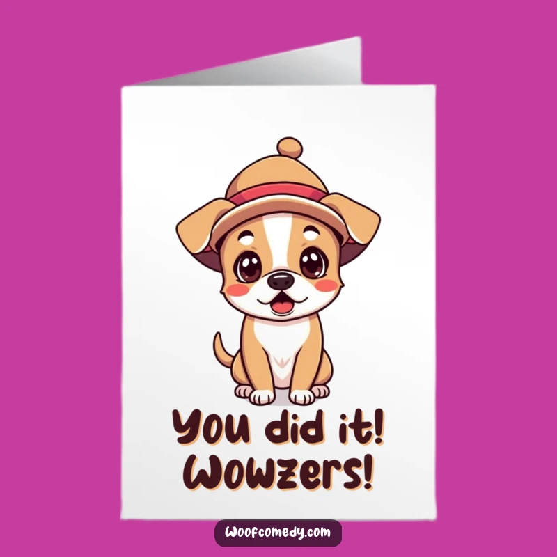 Free Printable Congrats Card: Shocked Kawaii Dog in Silly Hat - Surprise Downloadable Gift