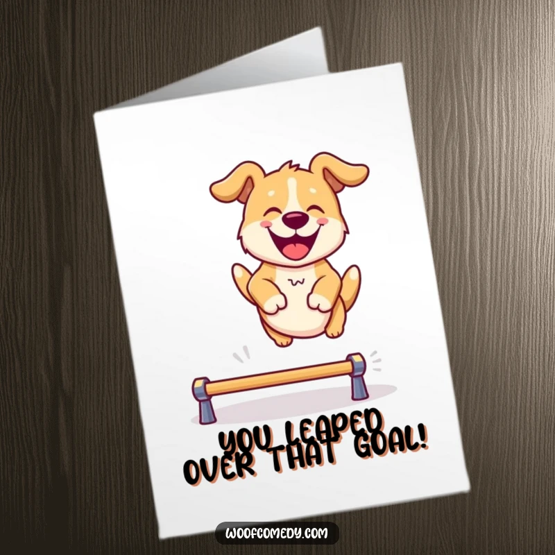 Funny Free Printable Congrats Card: A gleeful dog mid-leap over a hurdle, celebrating a fantastic achievement.