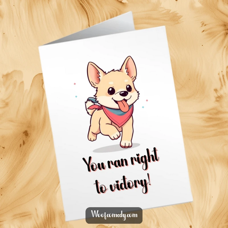 Funny Free Printable Congratulations Card: A kawaii dog in a bandana runs with pure joy and a floppy tongue.