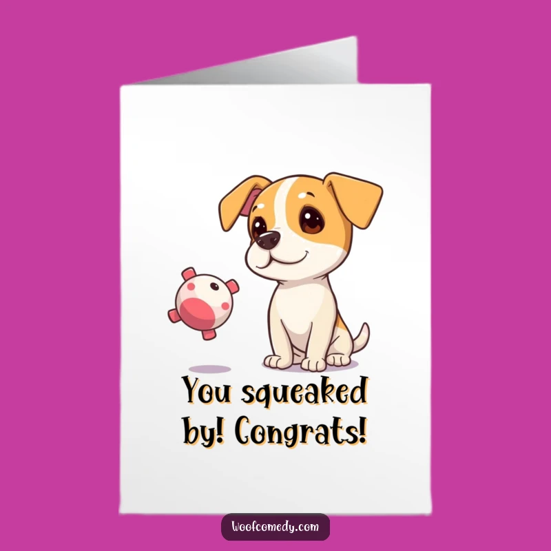 Free Printable Curious Dog Congratulations Card: Funny Squeaky Toy Graphic for a Downloadable Gift