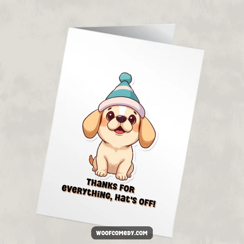 Funny Free Printable Thank You Card: Dog in a silly hat looking up expectantly, conveying thanks.