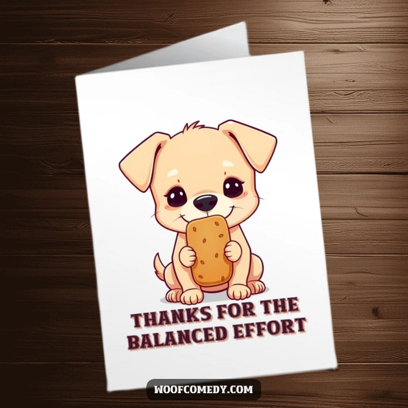 Funny Free Printable Thank You Card depicting a dog concentrating hard while balancing a treat on its nose.