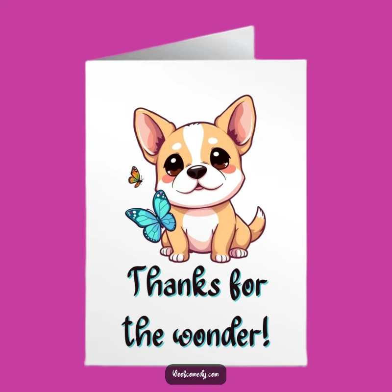 Free Printable Thank You Card: Curious Kawaii Dog & Butterfly - Gentle Downloadable Gratitude