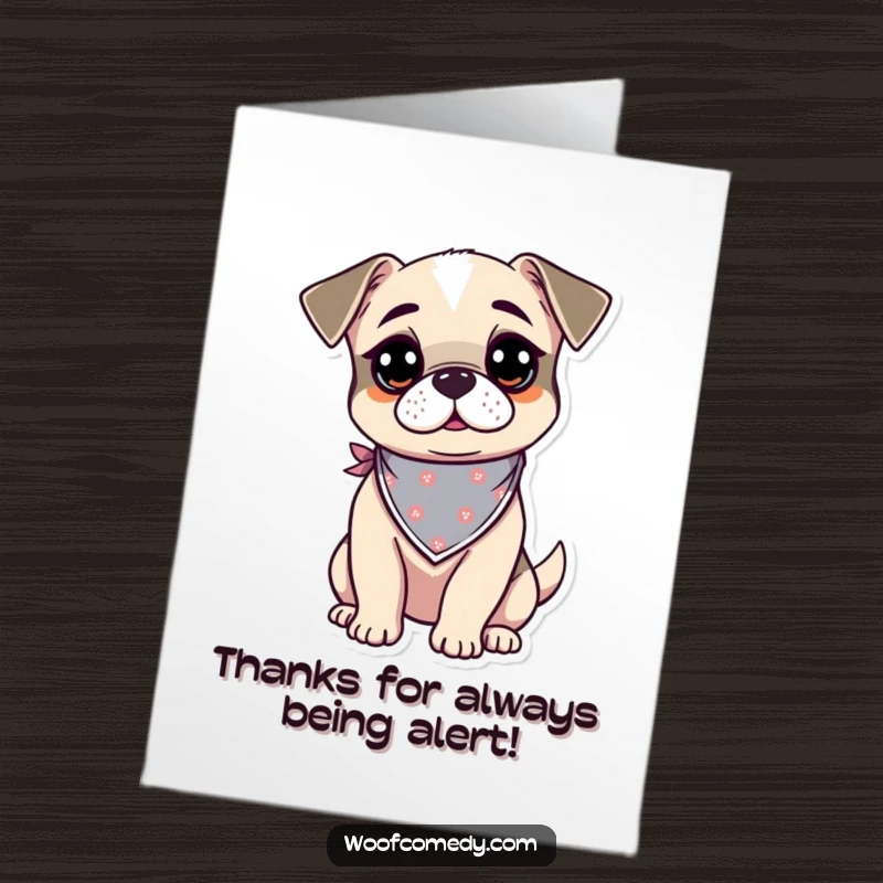 Free Printable Thank You Card with a curious kawaii dog in a bandana, looking alert and conveying sincere thanks.