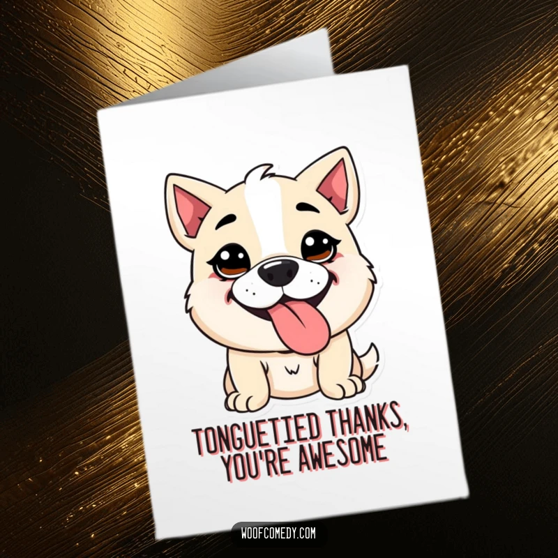 Funny free printable thank you card of a kawaii dog with a goofy face, panting with its tongue sticking out.