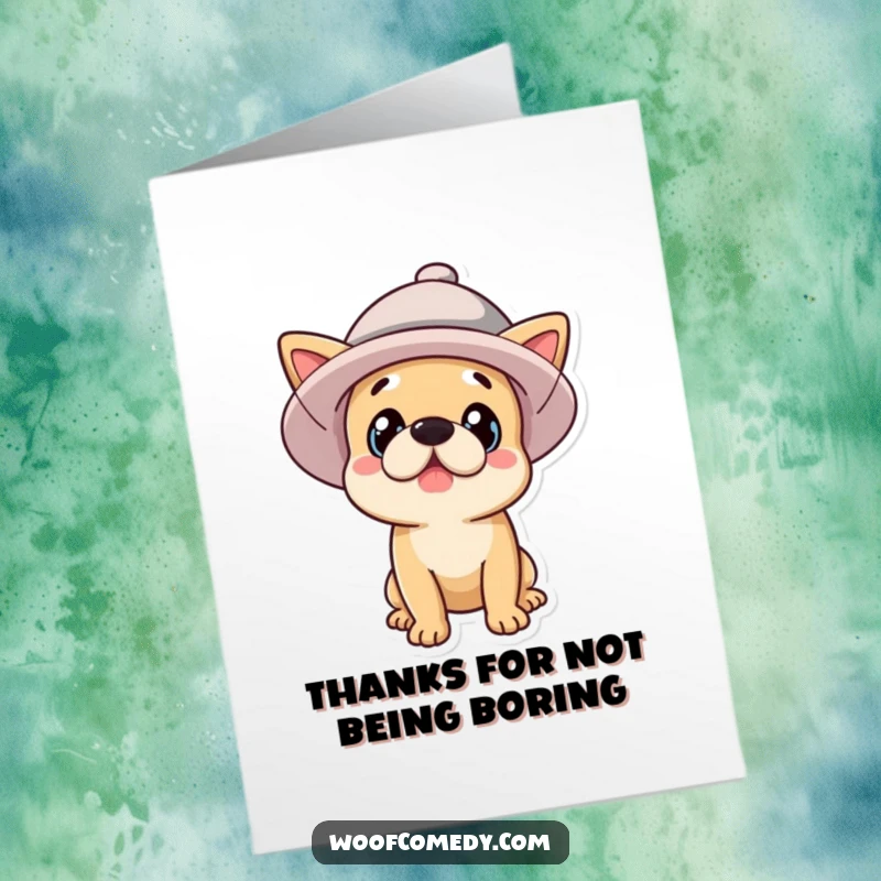 Funny Free Printable thank you card: A silly dog wearing an oversized, colorful hat, looking comically bewildered.