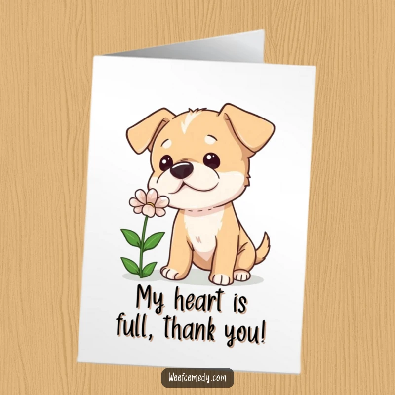 Funny Free Printable Thank You Card: A curious dog tilts its head, sniffing a flower, expressing thanks with adorable intrigue.