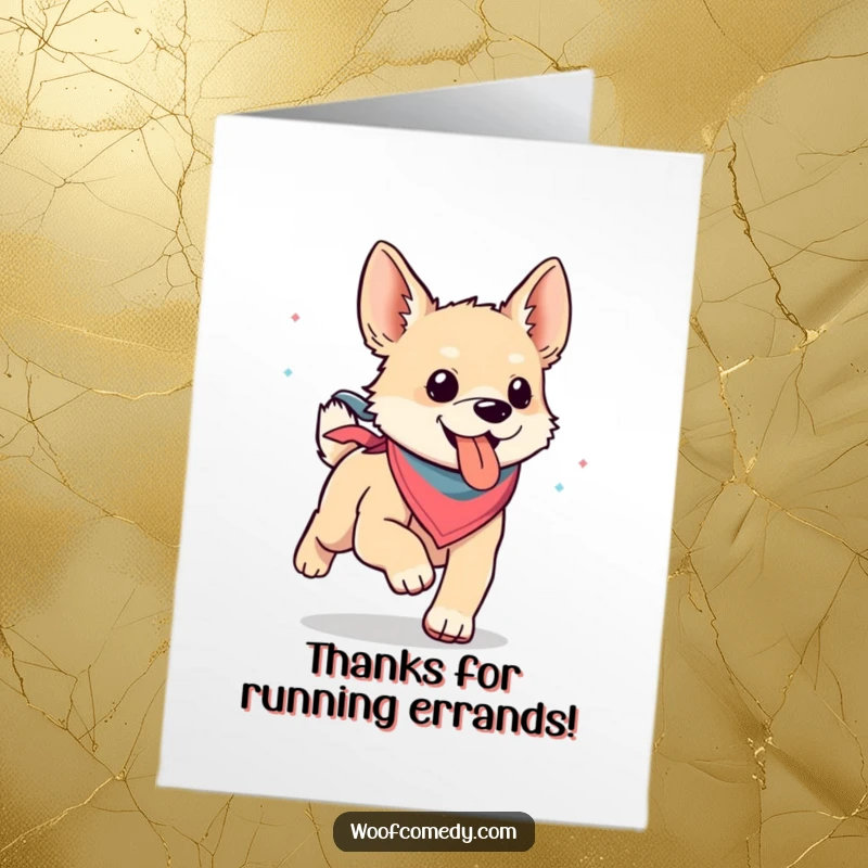 Funny Free Printable Thank You Card: A kawaii dog wearing a bandana runs happily, tongue lolling.