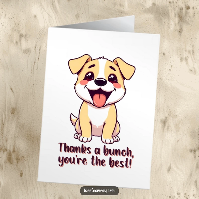 Funny Free Printable Thank You Card: Excited dog panting happily, showing gratitude with its tongue out, a delightful gesture.