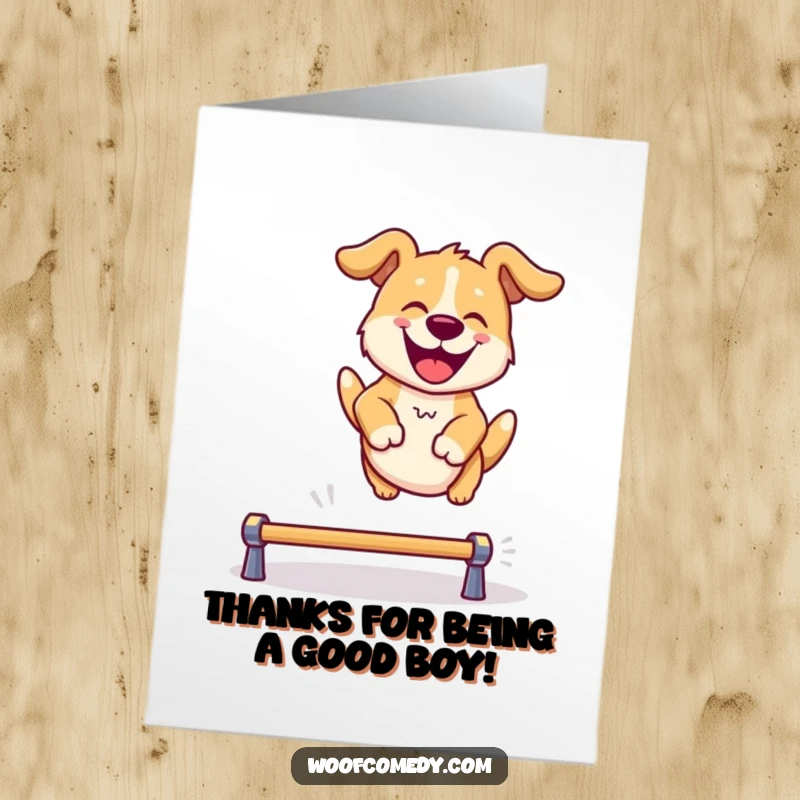 Funny Free Printable Thank You Card: A dog joyfully leaping over a hurdle, expressing heartfelt gratitude.