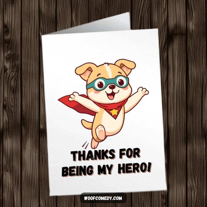 Funny Free Printable thank you card of a Kawaii dog wearing a superhero cape, leaping into action to express gratitude with adorable heroism.