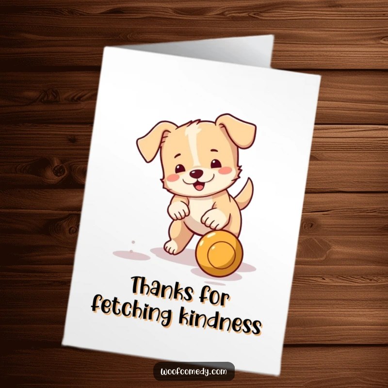 Funny free printable thank you card featuring a small dog with a happy wagging tail, fetching a bouncing ball.