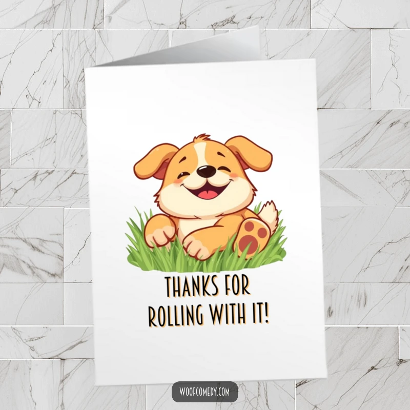 Funny Free Printable Happy Dog Thank You Card: Dog rolling in grass with a goofy grin, a joyful way to say thanks.