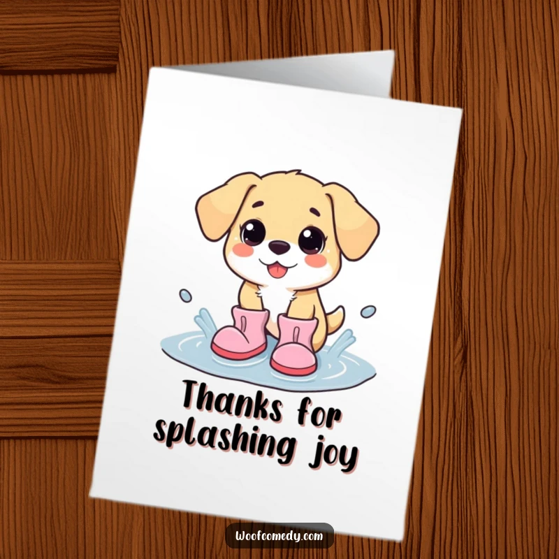 Funny Free Printable Thank You Card: Kawaii dog wearing big boots splashing happily in a puddle.