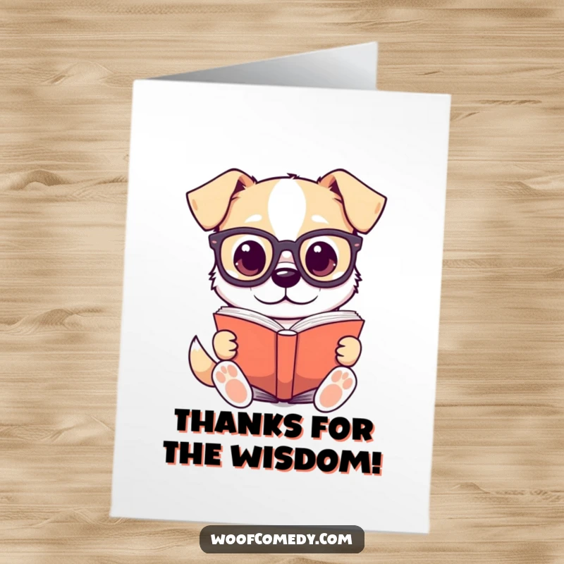 Funny Free Printable Thank You Card showing a kawaii dog with glasses, reading a book, expressing sincere and clever gratitude.