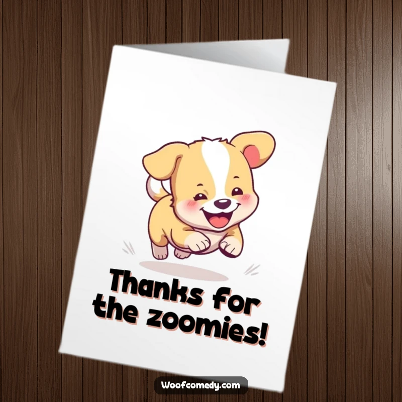Funny Free Printable Thank You Card: A cute, cartoon dog enthusiastically chasing its tail, expressing joy.
