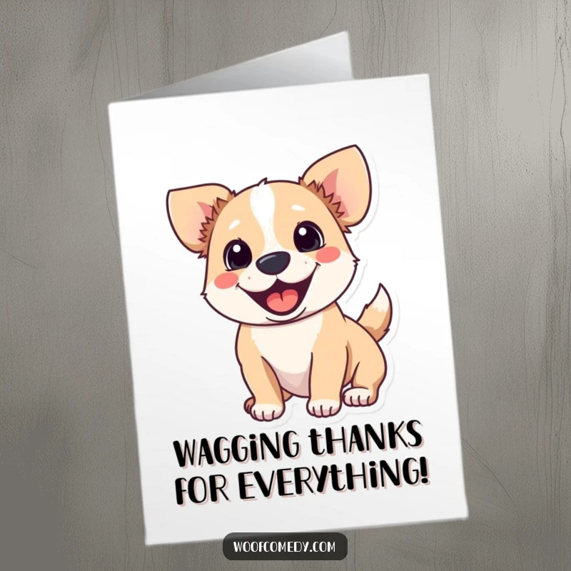 Funny Free Printable Thank You Card: Wagging dog with perked ears, showing excitement and appreciation, a downloadable gift.