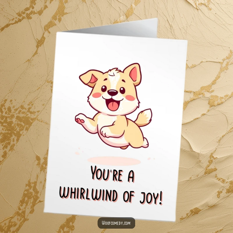 Funny Free Printable Thank You Card: A kawaii dog in a blur of motion, happily chasing its tail, symbolizing energetic gratitude.