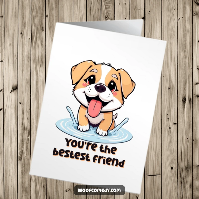 Funny Free Printable thank you card: A dog with its tongue lolling, enthusiastically splashing water in a puddle.