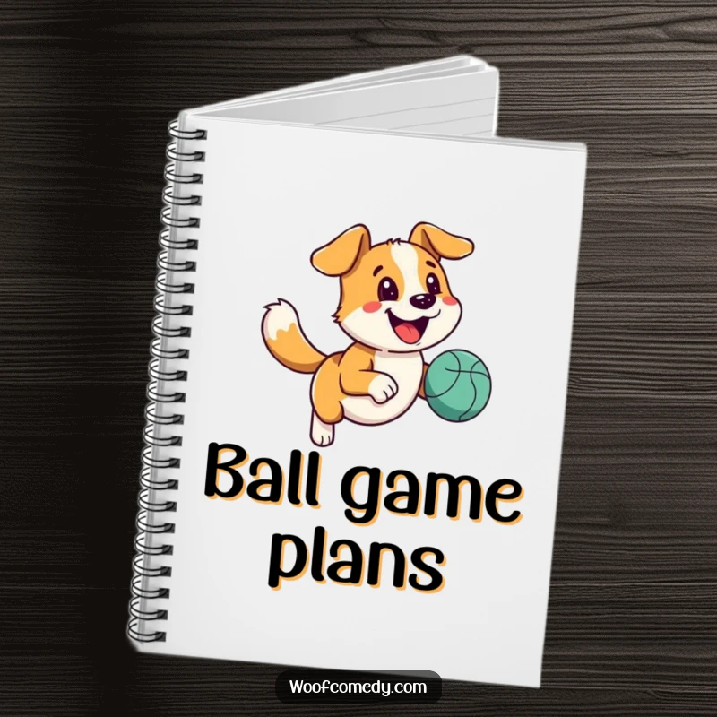 Funny happy dog notebook with a wagging tail running with a bouncy ball, ideal for jotting playful ideas.