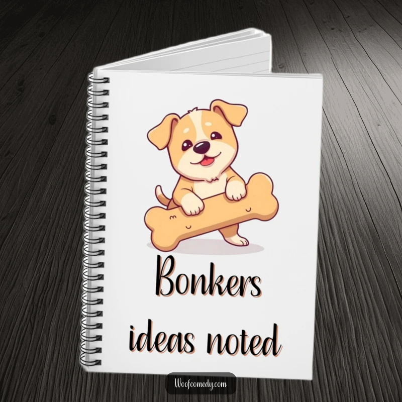 Funny notebook cover featuring a clumsy dog with floppy ears tripping over a large bone.