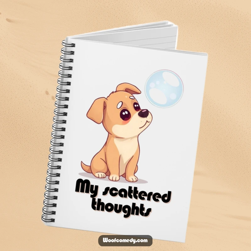 Funny notebook cover illustration of a dog tilting its head in confusion at a floating bubble.