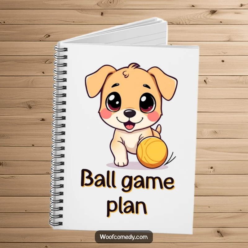 Funny notebook with a cute dog character with wide eyes, chasing a bouncing ball on the cover, perfect for jotting down fun ideas.
