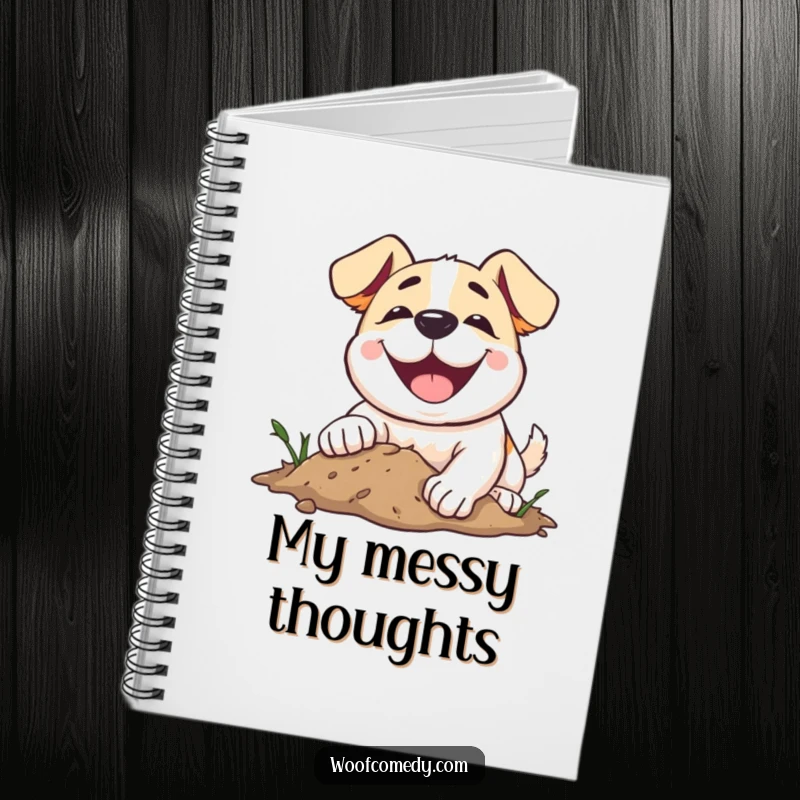 Funny dog notebook showing a dog with a wide, happy smile enthusiastically digging in the dirt, perfect for notes.