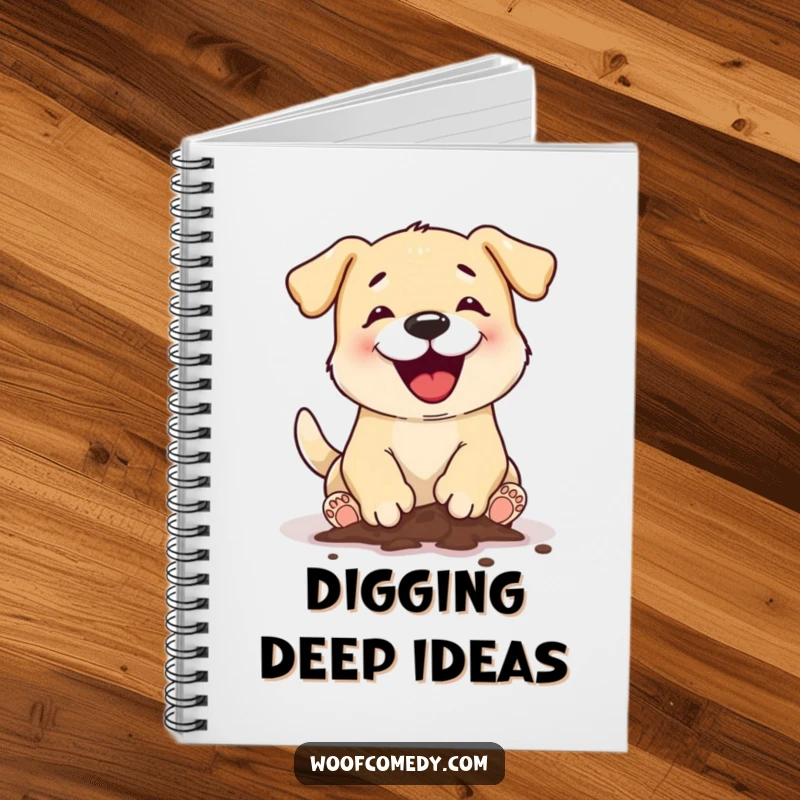 Funny dog digging notebook featuring a dog with muddy paws creating a hole, ideal for jotting down plans and inspired thoughts.