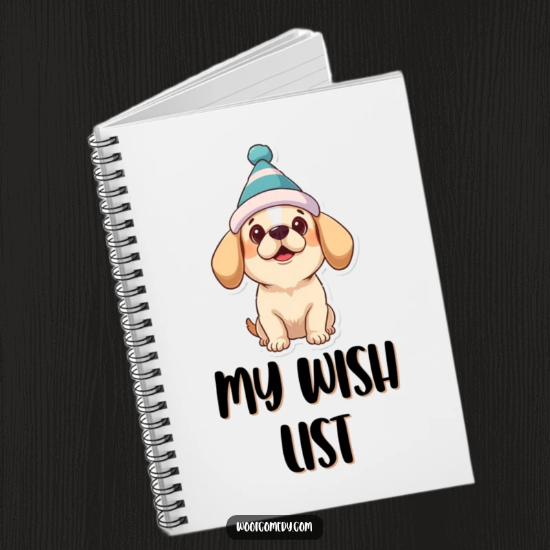 Funny dog notebook showing a dog wearing a silly hat, looking up expectantly, ready for your dreams.