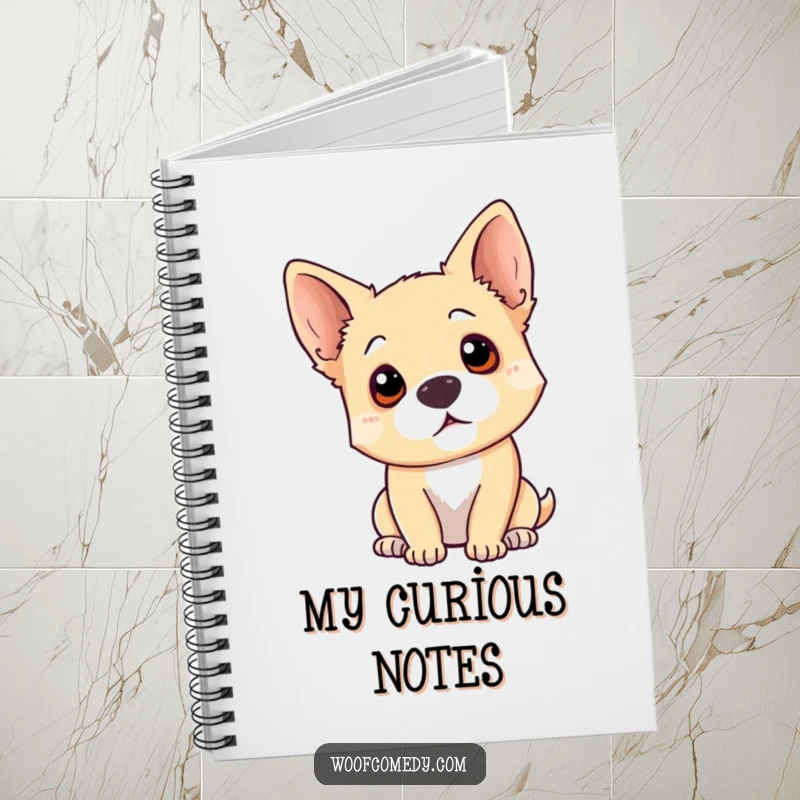 Funny dog head tilt notebook designed to inspire curious thoughts, featuring a dog tilting its head with ears perked in question.