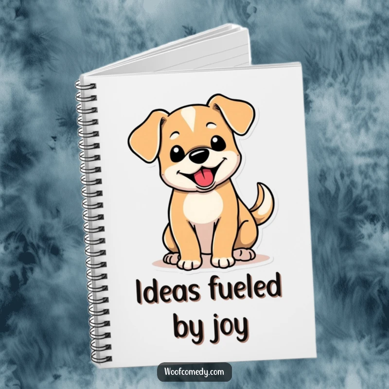 Funny notebook with a cute dog possessing floppy ears and a furiously wagging tail, inspiring cheerful note-taking.