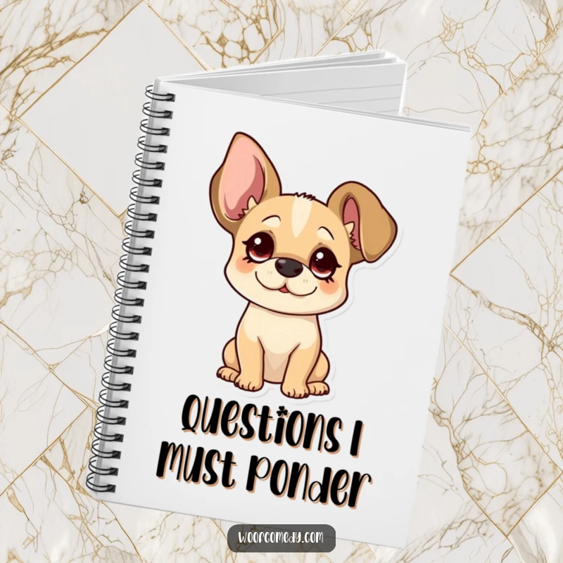 Funny floppy ear dog notebook with a pup tilting its head curiously, ideal for jotting attentive ideas.