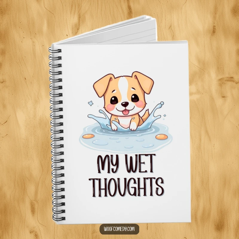 Funny notebook with a kawaii dog playfully splashing in a puddle, ears flapping, ideal for jotting down fun ideas.