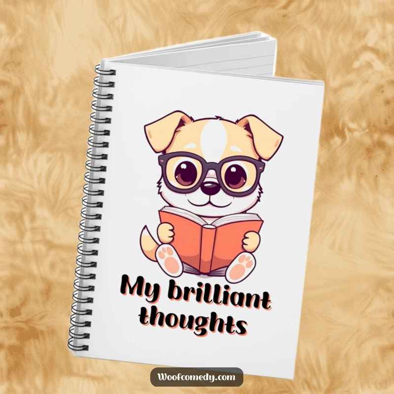 Funny notebook with a kawaii dog wearing tiny glasses, engrossed in reading a large book, ideal for journaling smart ideas.