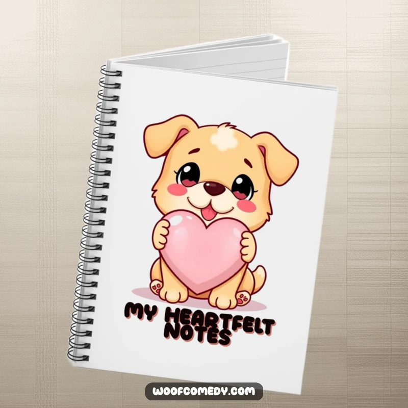 Funny loyal dog offering a glowing heart, lined notebook, great for journaling, funny gift.