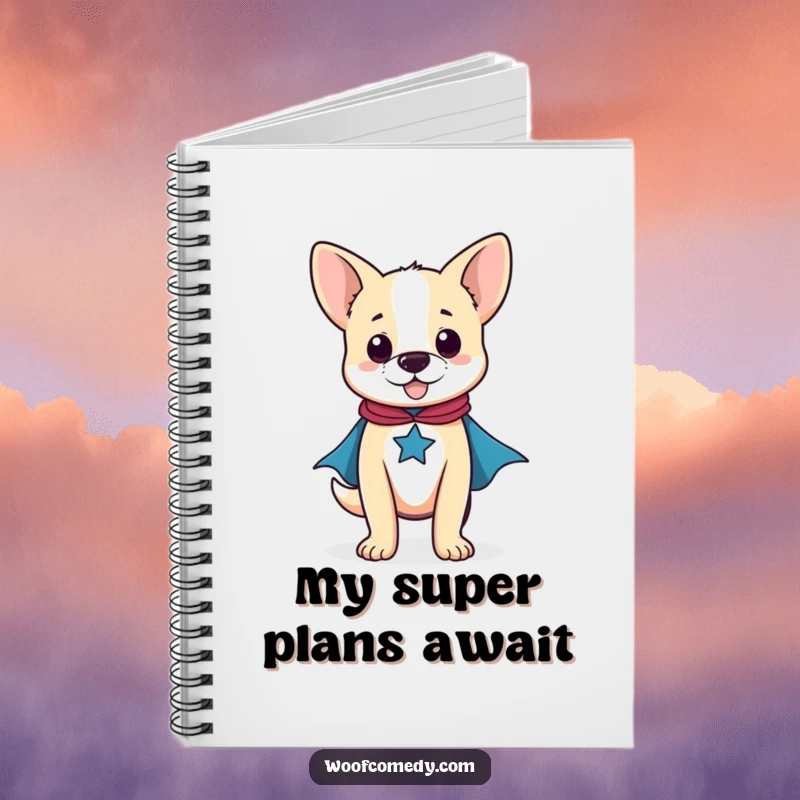 Funny notebook cover shows a proud dog in a superhero cape, ready to tackle any task.